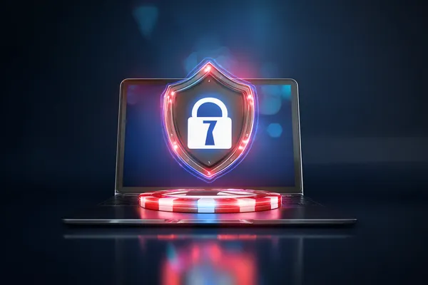 A laptop glowing with a bright login prompt in a minimalistic setup, symbolizing the protected access system at LEGIONBED.